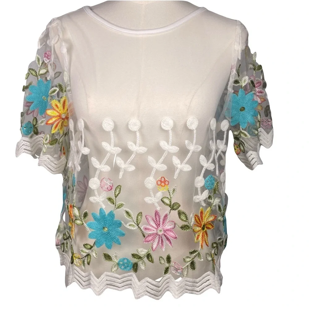 Embroidered Floral Top Size XL Sheer Tulle Background 
Boho Beach Party Garden - Picture 3 of 11